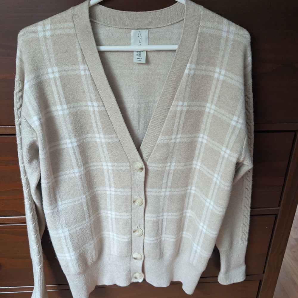 JOIE Cream Tan Plaid Checkered Button Front Soft Sweater Cardigan Women's Xs - Picture 1 of 5